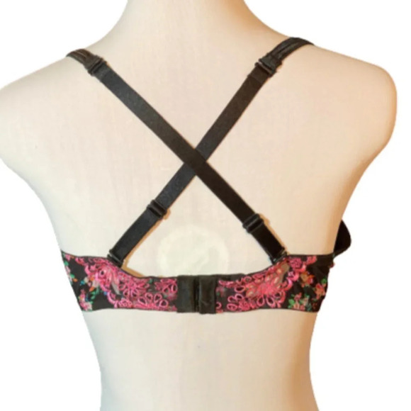 Victoria's Secret Sexy Little Things Black Floral Pink Embroidered Lace Bra, 38D - Picture 6 of 8